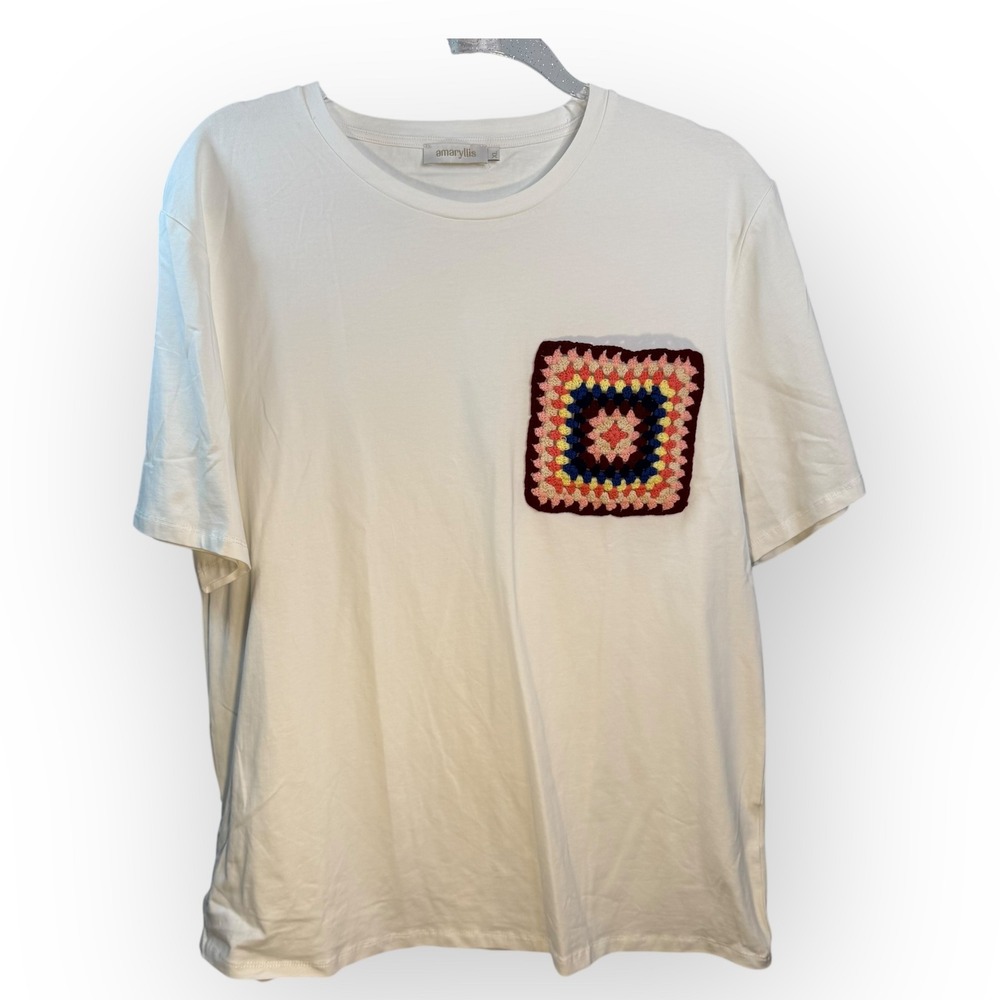 Amaryllis Crochet Pocket T-Shirt Short‎ Sleeve Knit Patch Tee Top XL